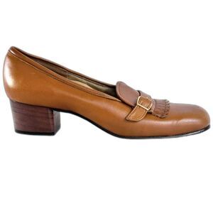 Vintage Dr. Scholls Tan Leather with Fringe Detail and Block Heel Loafers